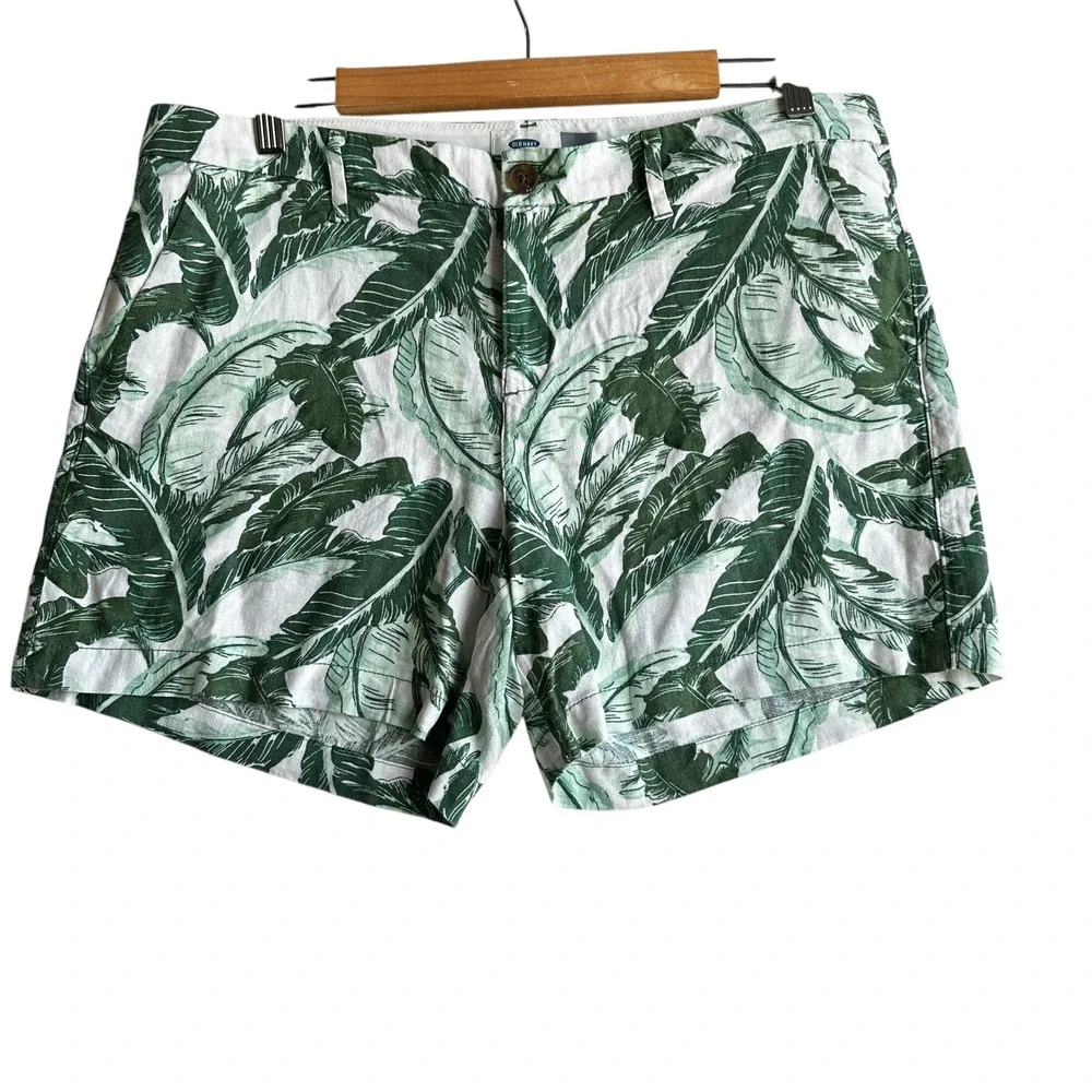 Old Navy Chino Shorts Palm Print Linen Blend Casual Green/White Size 12 NWOT - Picture 1 of 11